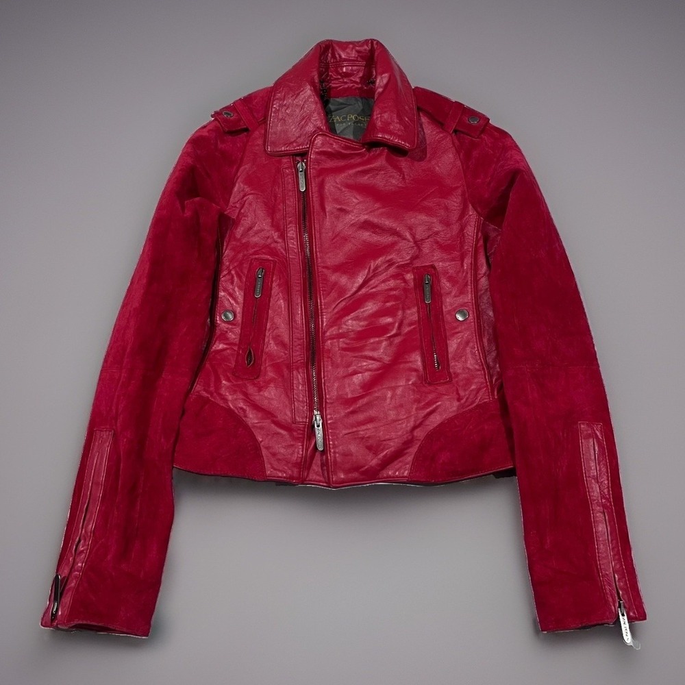 Zac Posen Target Womens Red Suede Leather Double Zipper Motorcycle Jacket XS